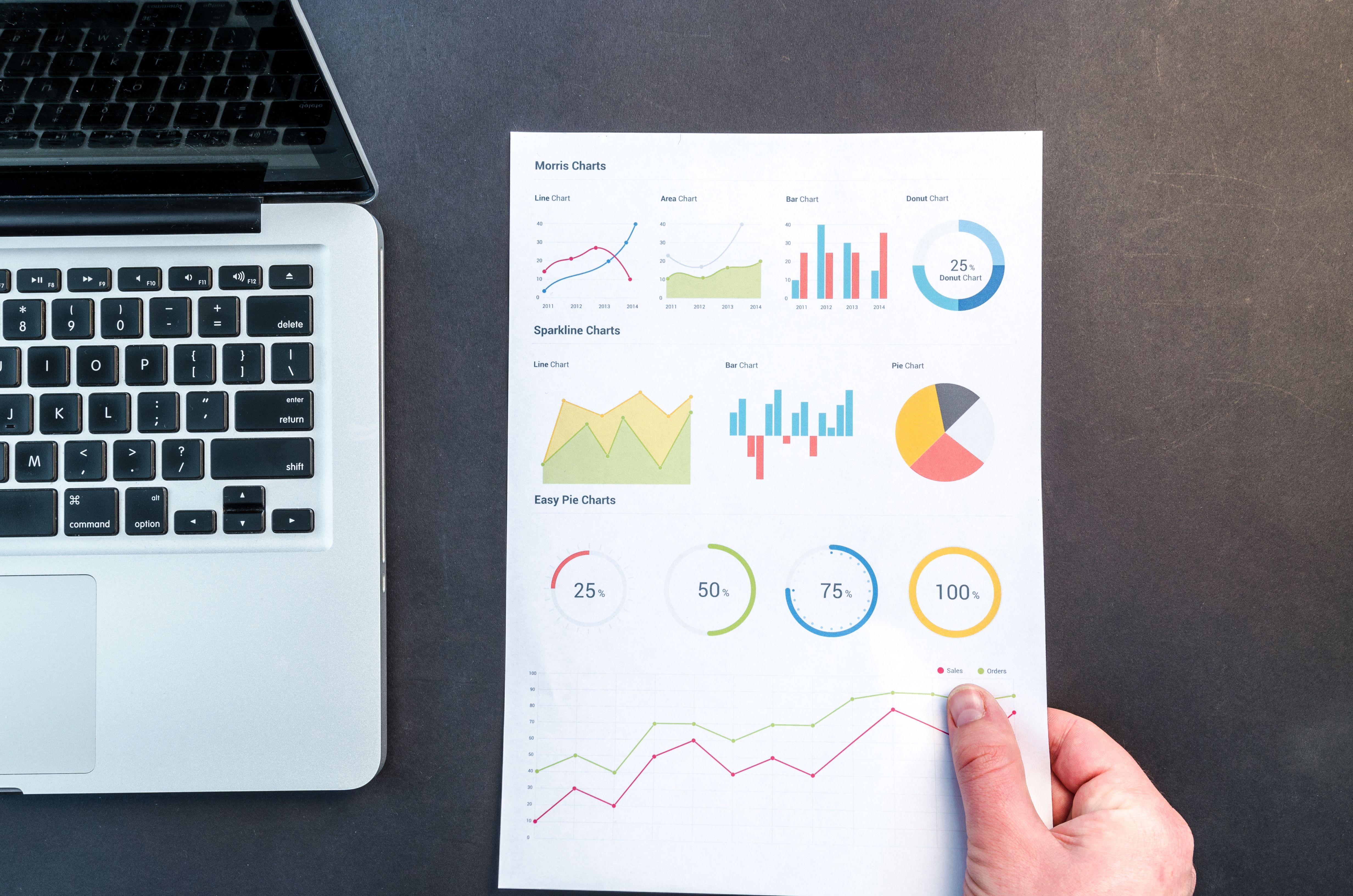 Charts and graphs beside a laptop, illustrating evidence review, fact-checking, and public data analysis.